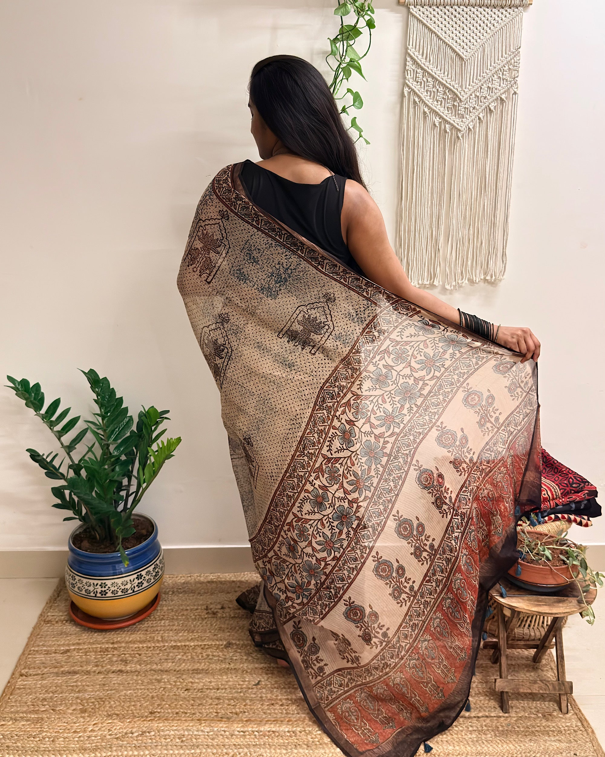 Sarsarahat: Beige Ajrakh Handblock Printed Kota Doria Saree