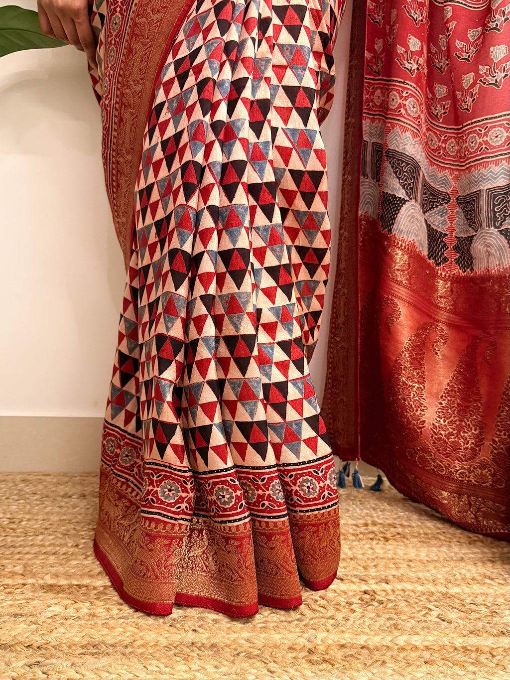 Dilruba: Cream and Red Ajrakh Handblock Printed Dola Silk Saree