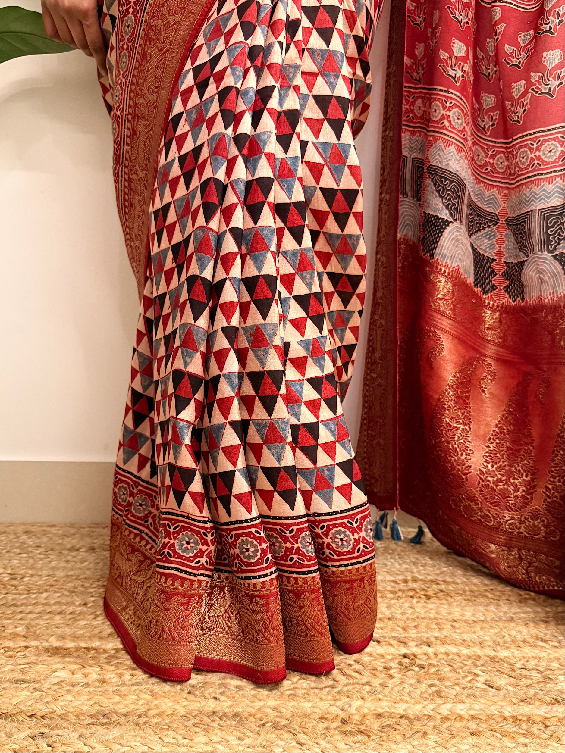 Dilruba: Cream and Red Ajrakh Handblock Printed Dola Silk Saree