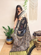 Meet me at Dusk: Charcoal Black Ajrakh Handblock Printed Modal Satin Saree with Tissue Pallu