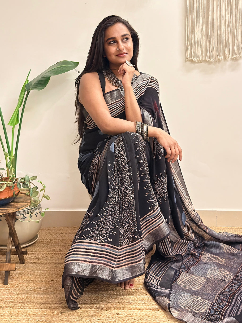 Silver Echo: Charcoal Black Ajrakh Handblock Printed Slub Cotton Saree