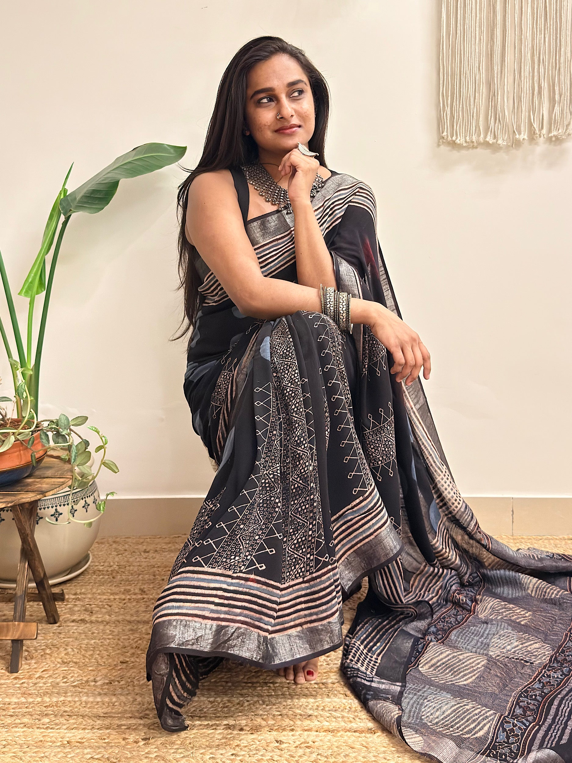 Silver Echo: Charcoal Black Ajrakh Handblock Printed Slub Cotton Saree
