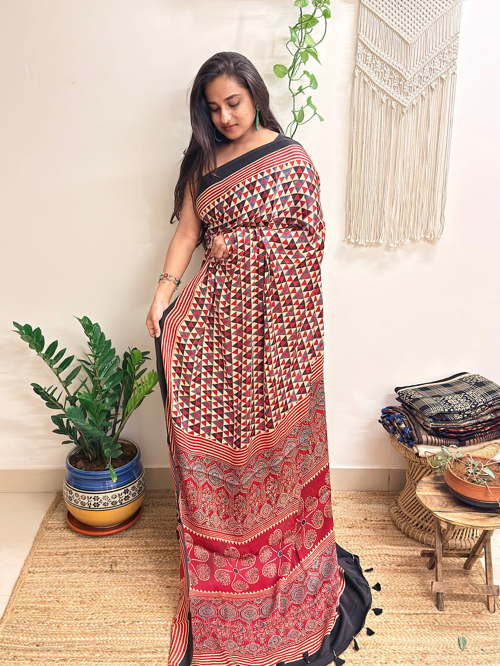 Daydream: Cream and Red Ajrakh Handblock Printed Modal Saree
