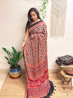 Daydream: Cream and Red Ajrakh Handblock Printed Modal Saree