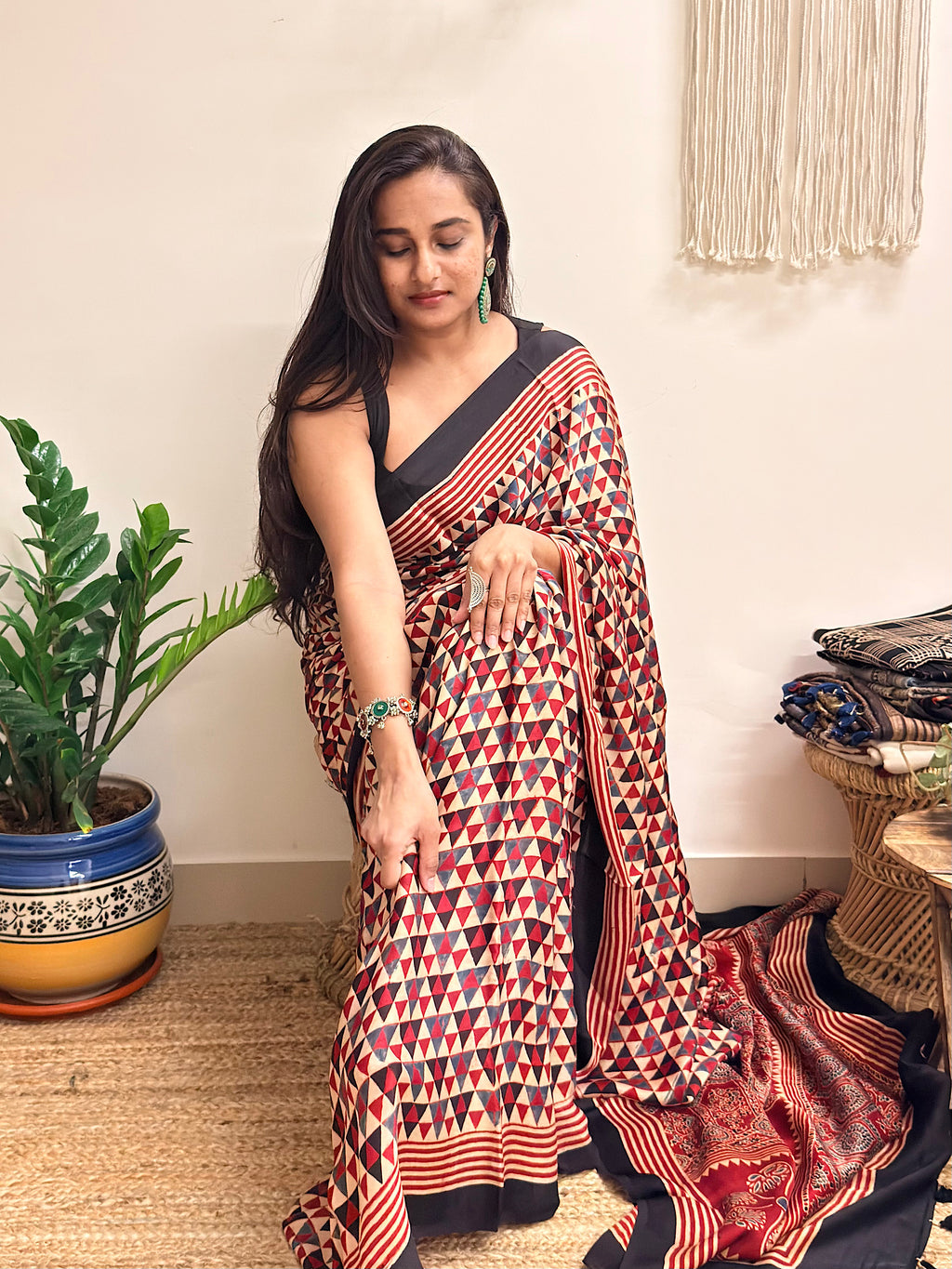 Daydream: Cream and Red Ajrakh Handblock Printed Modal Saree