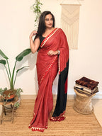 Aarzoo: Red and Cream Striped Ajrakh Handblock Printed Modal Saree