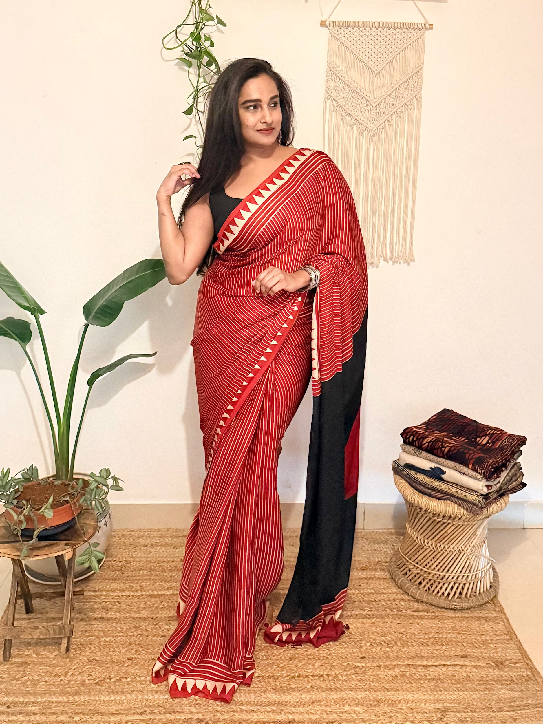 Aarzoo: Red and Cream Striped Ajrakh Handblock Printed Modal Saree