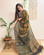 Gulzar: Forest Green and Mustard Ajrakh Handblock Printed Mul Cotton Saree