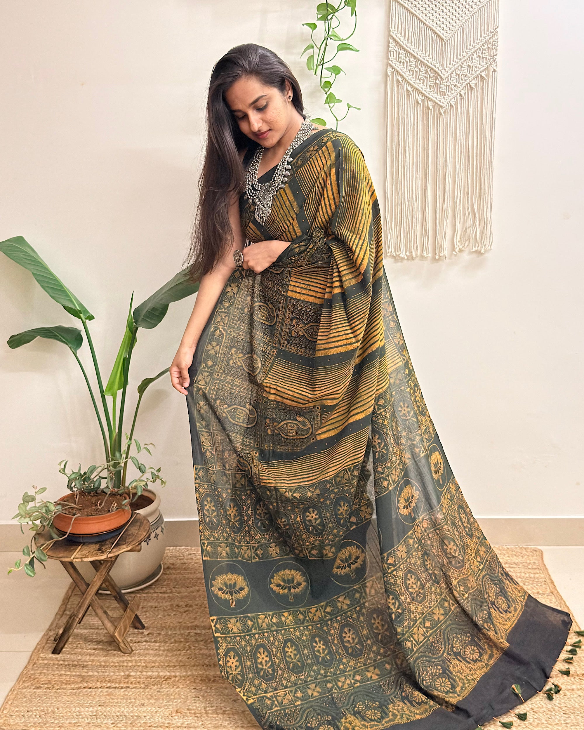 Gulzar: Forest Green and Mustard Ajrakh Handblock Printed Mul Cotton Saree
