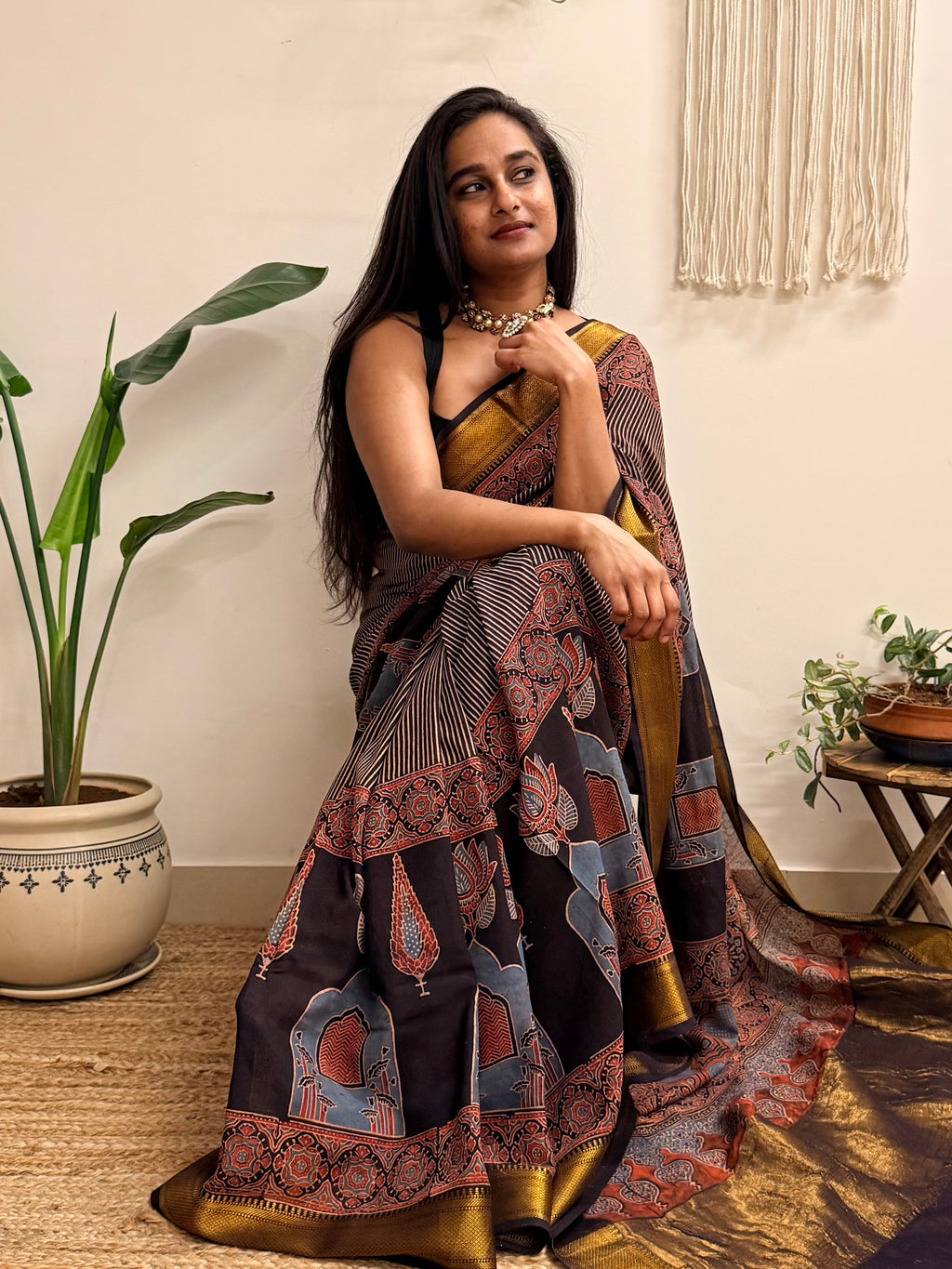 Adaa: Black Ajrakh Handblock Printed Mul Cotton Saree with Zari Border