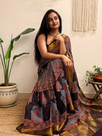 Adaa: Black Ajrakh Handblock Printed Mul Cotton Saree with Zari Border
