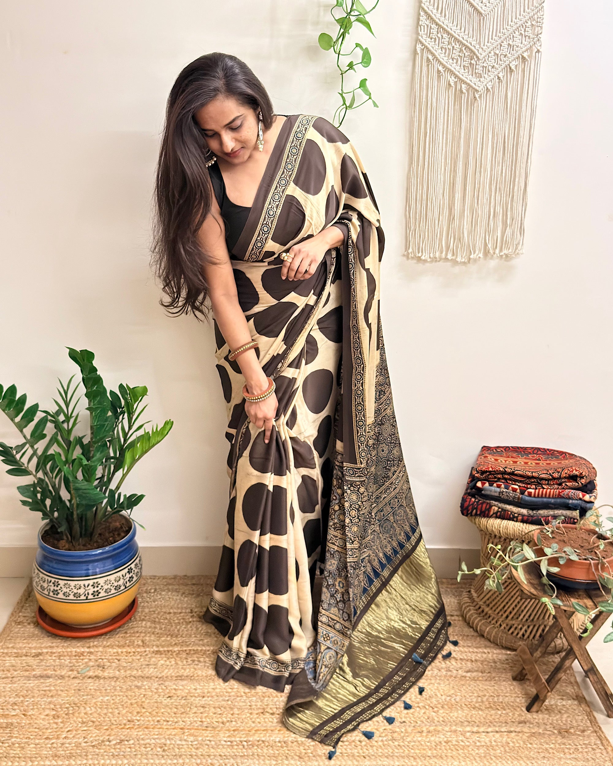 All Eyes: Cream Ajrakh Handblock Printed Modal Saree with Tissue Pallu
