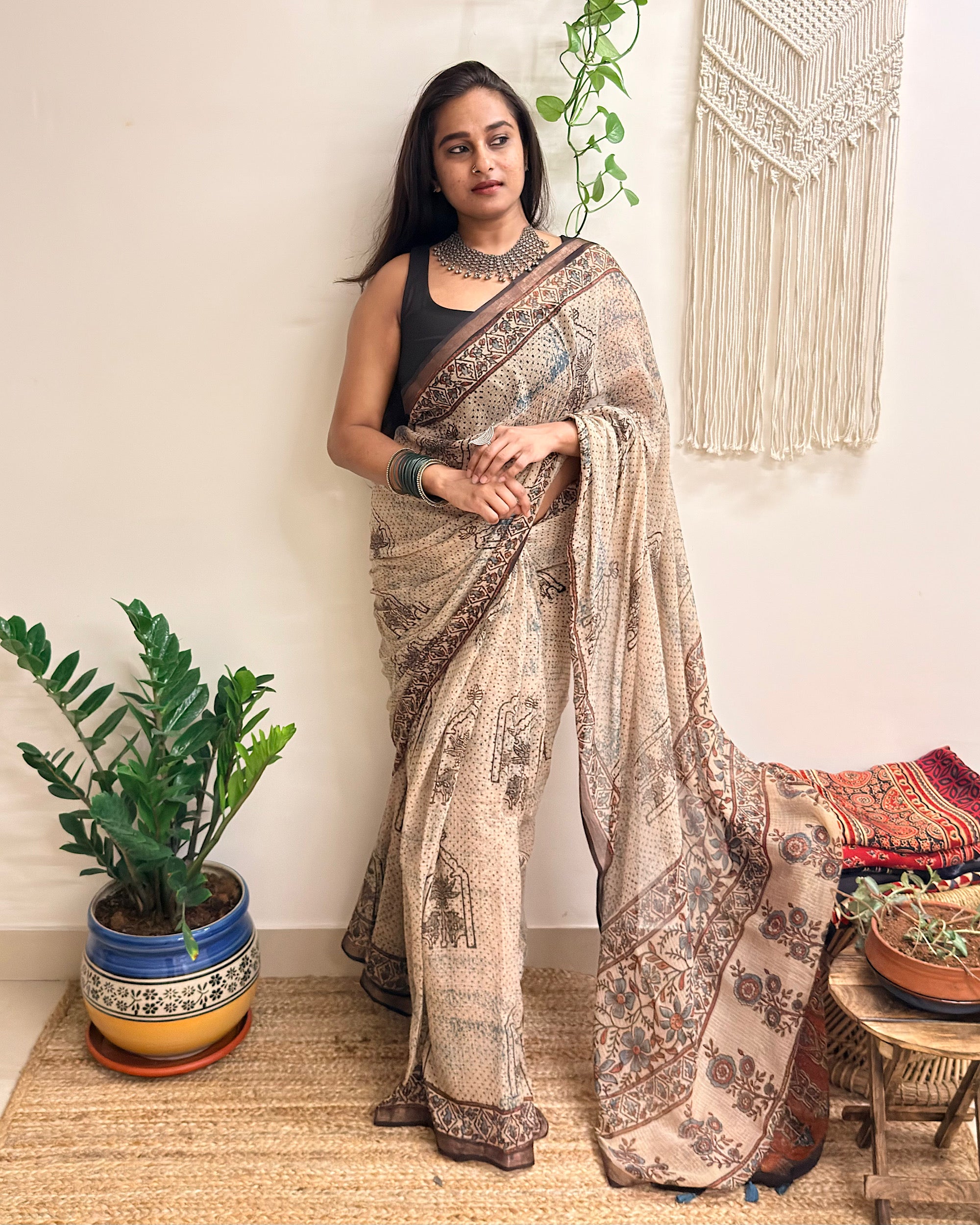Sarsarahat: Beige Ajrakh Handblock Printed Kota Doria Saree