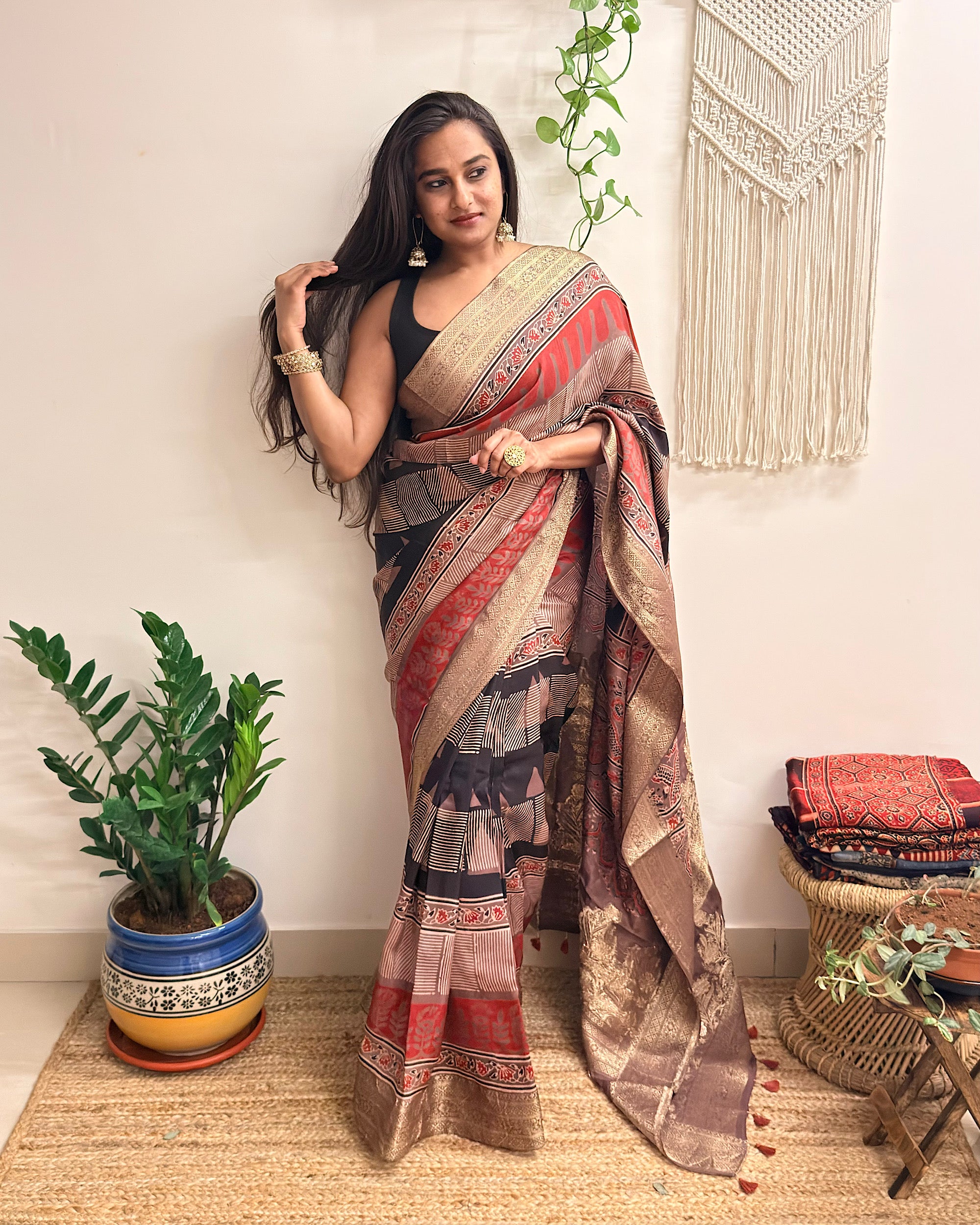 Ganache: Red and Brown Ajrakh Handblock Printed Dola Silk Saree