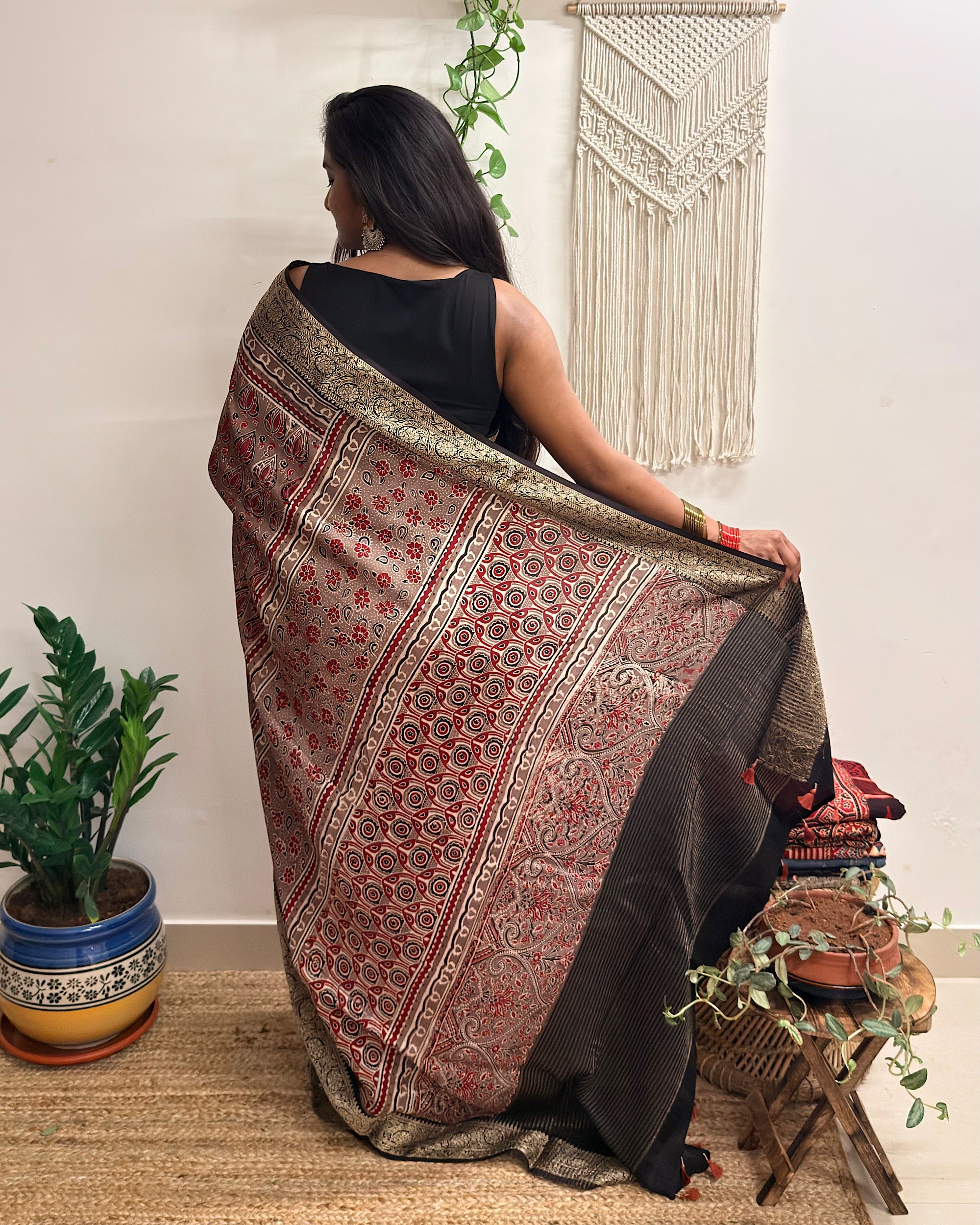 Memoir: Dusty Rose Ajrakh Handblock Printed Dola Silk Saree