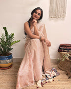 Afterhours: Cream and Red Striped Ajrakh Handblock Printed Modal Saree