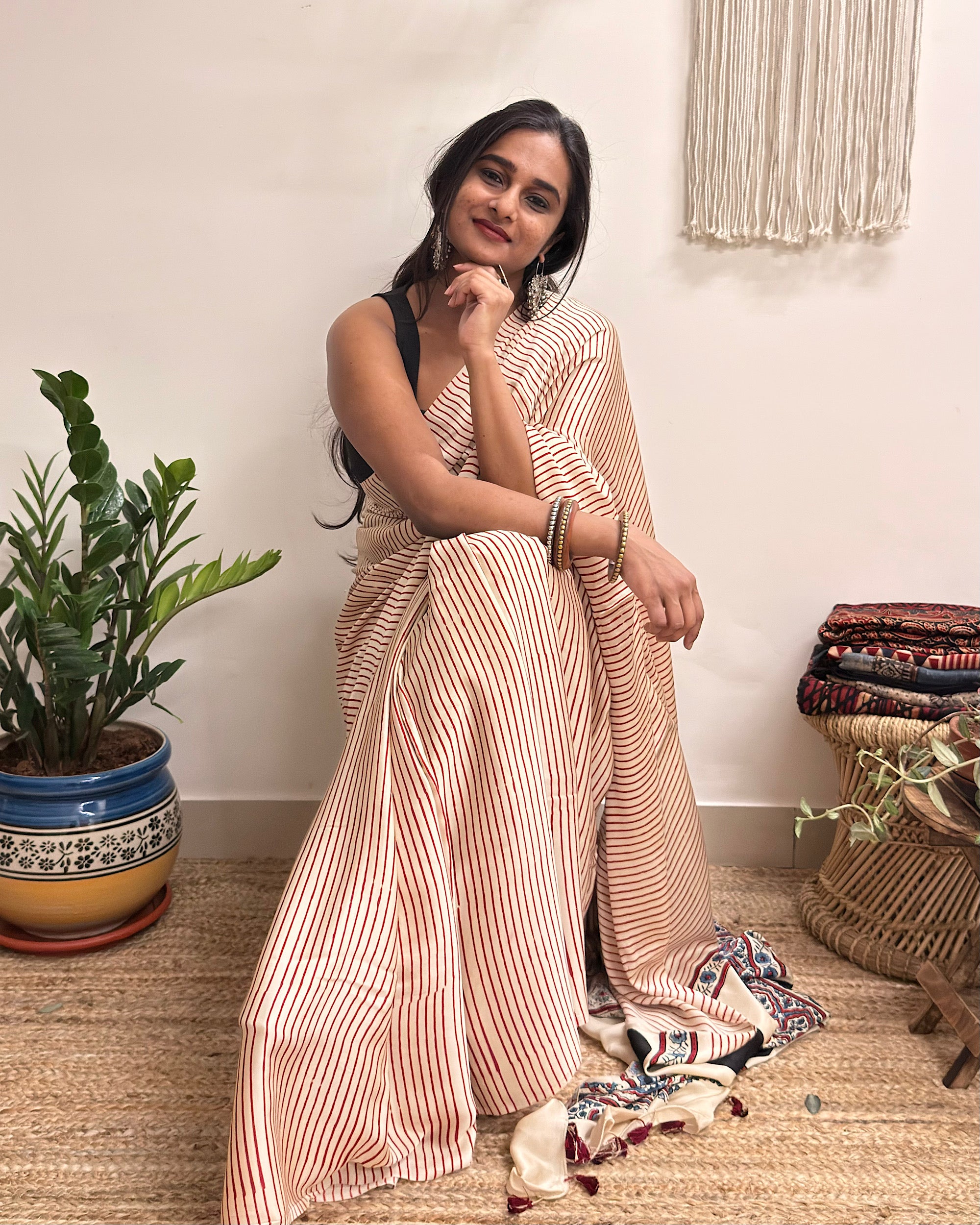 Afterhours: Cream and Red Striped Ajrakh Handblock Printed Modal Saree