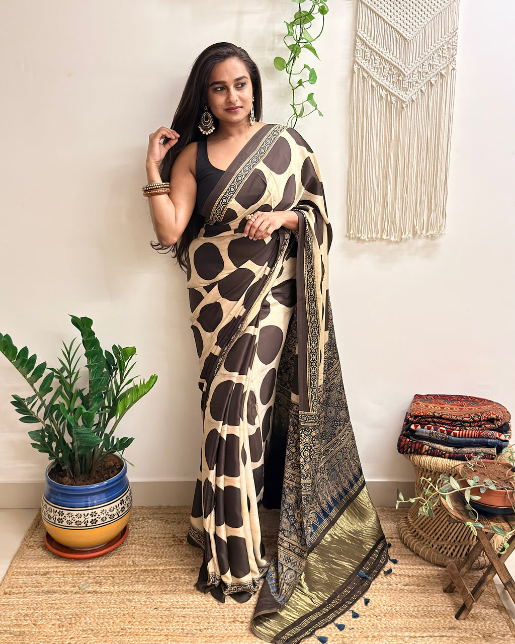 All Eyes: Cream Ajrakh Handblock Printed Modal Saree with Tissue Pallu