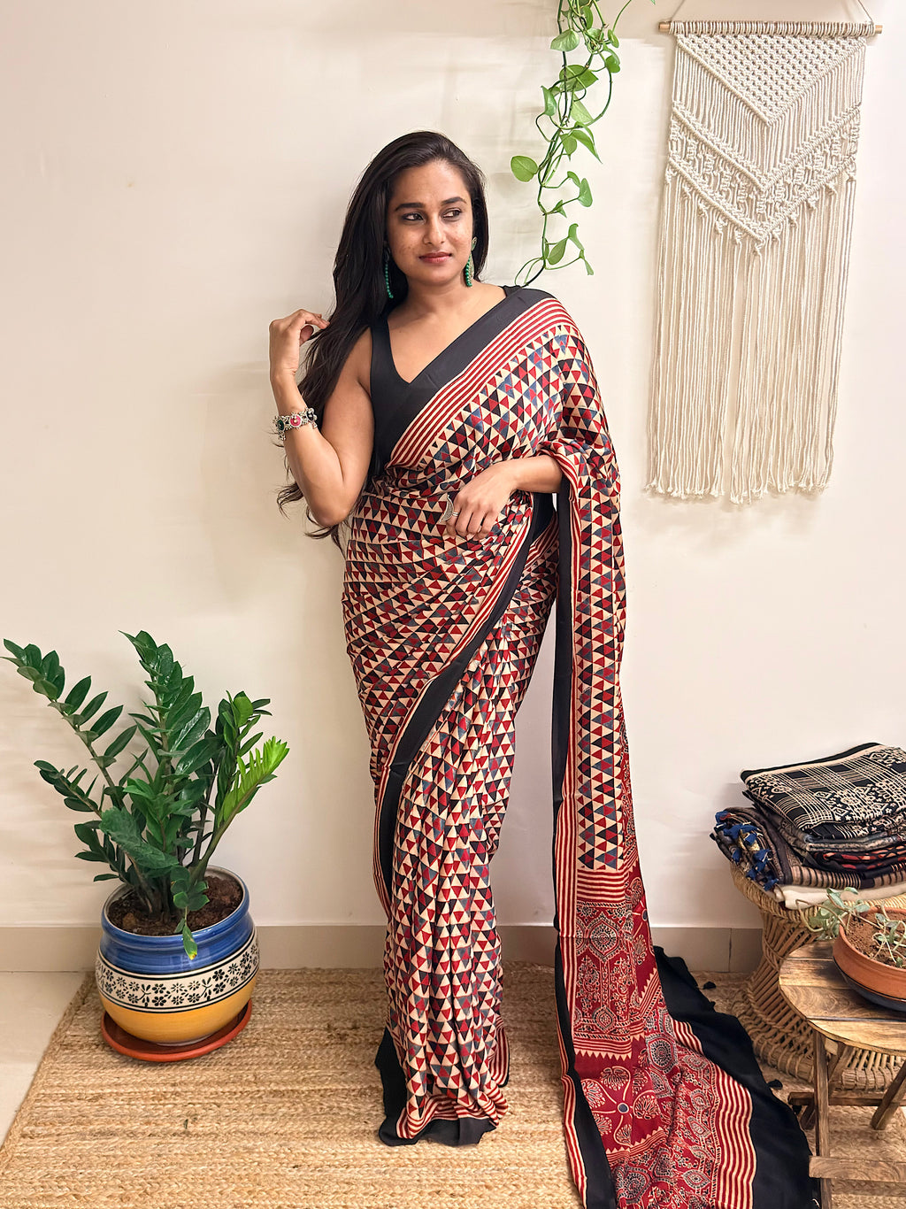 Daydream: Cream and Red Ajrakh Handblock Printed Modal Saree