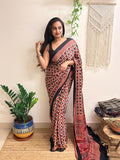 Daydream: Cream and Red Ajrakh Handblock Printed Modal Saree