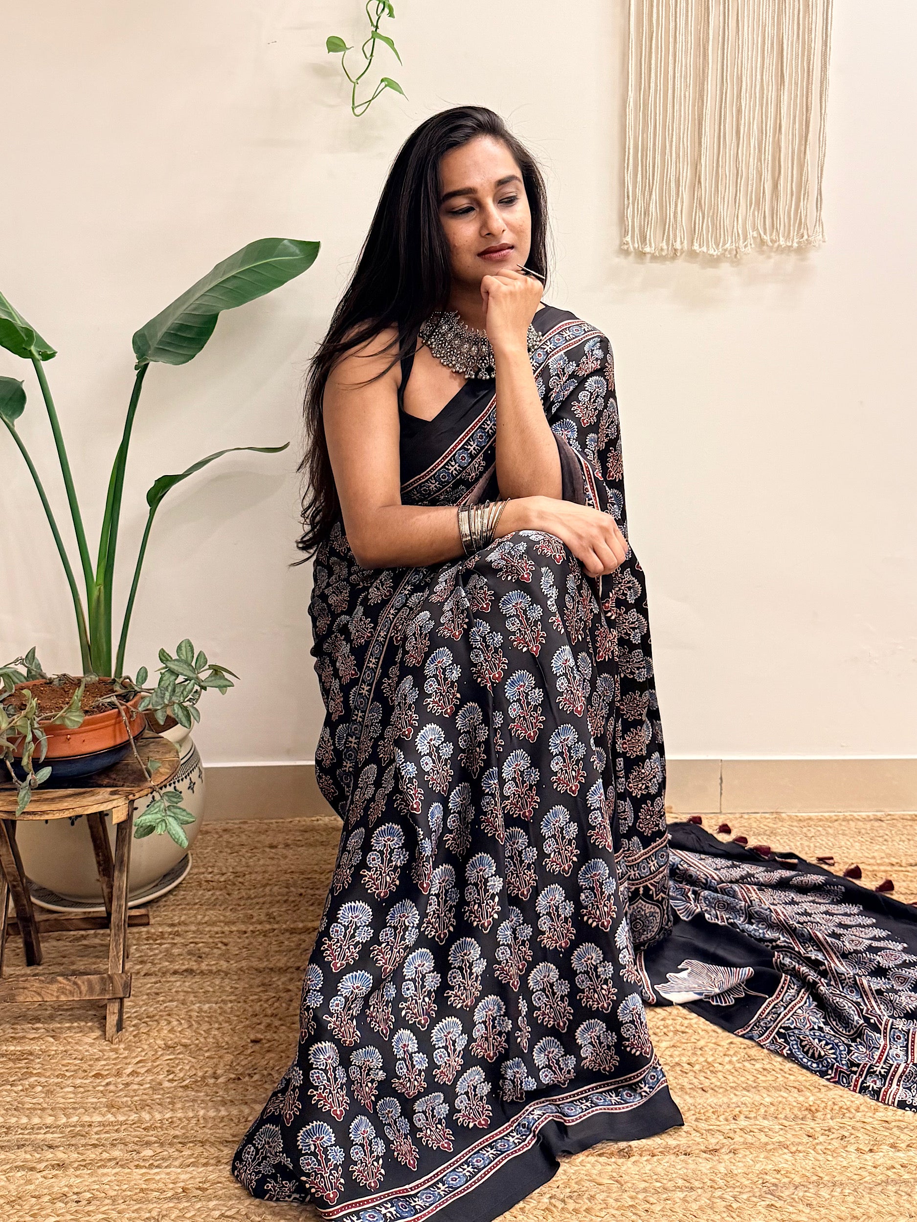Nazakat: Black Ajrakh Handblock Printed Modal Saree
