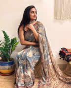 Rimjhim: Dusty Blue and Beige Ajrakh Handblock Printed Kota Doria Saree