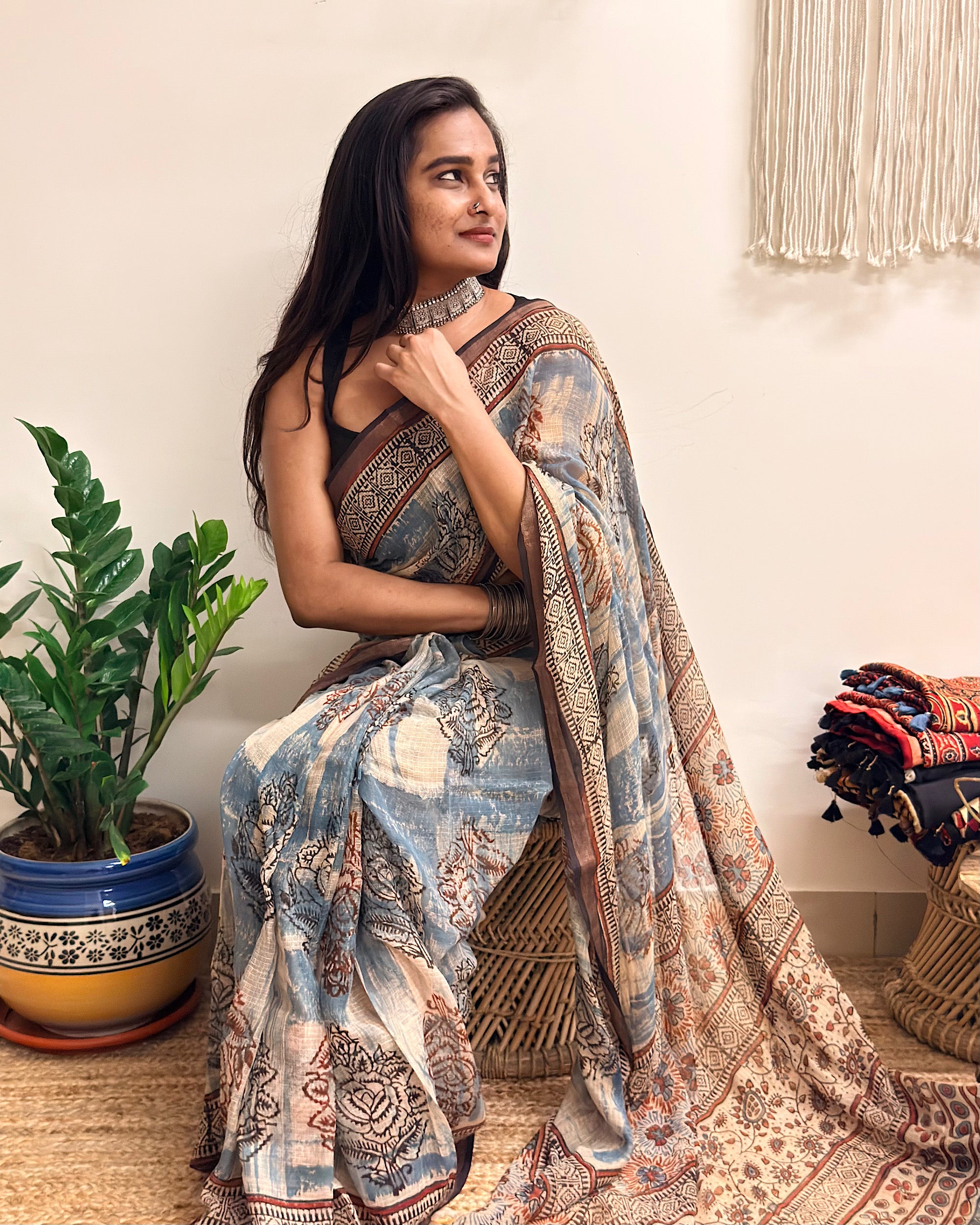 Rimjhim: Dusty Blue and Beige Ajrakh Handblock Printed Kota Doria Saree