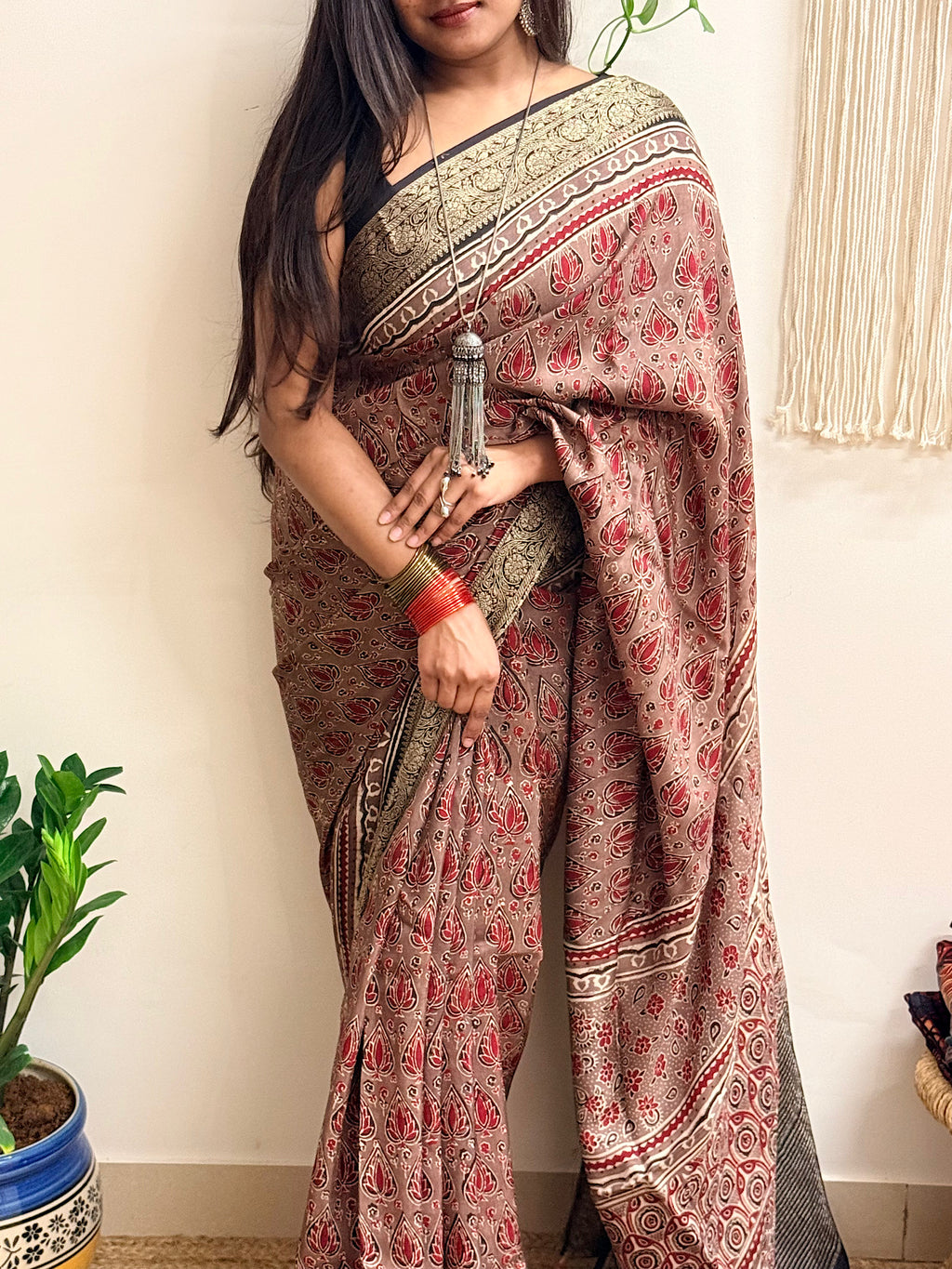 Memoir: Dusty Rose Ajrakh Handblock Printed Dola Silk Saree