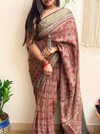 Memoir: Dusty Rose Ajrakh Handblock Printed Dola Silk Saree
