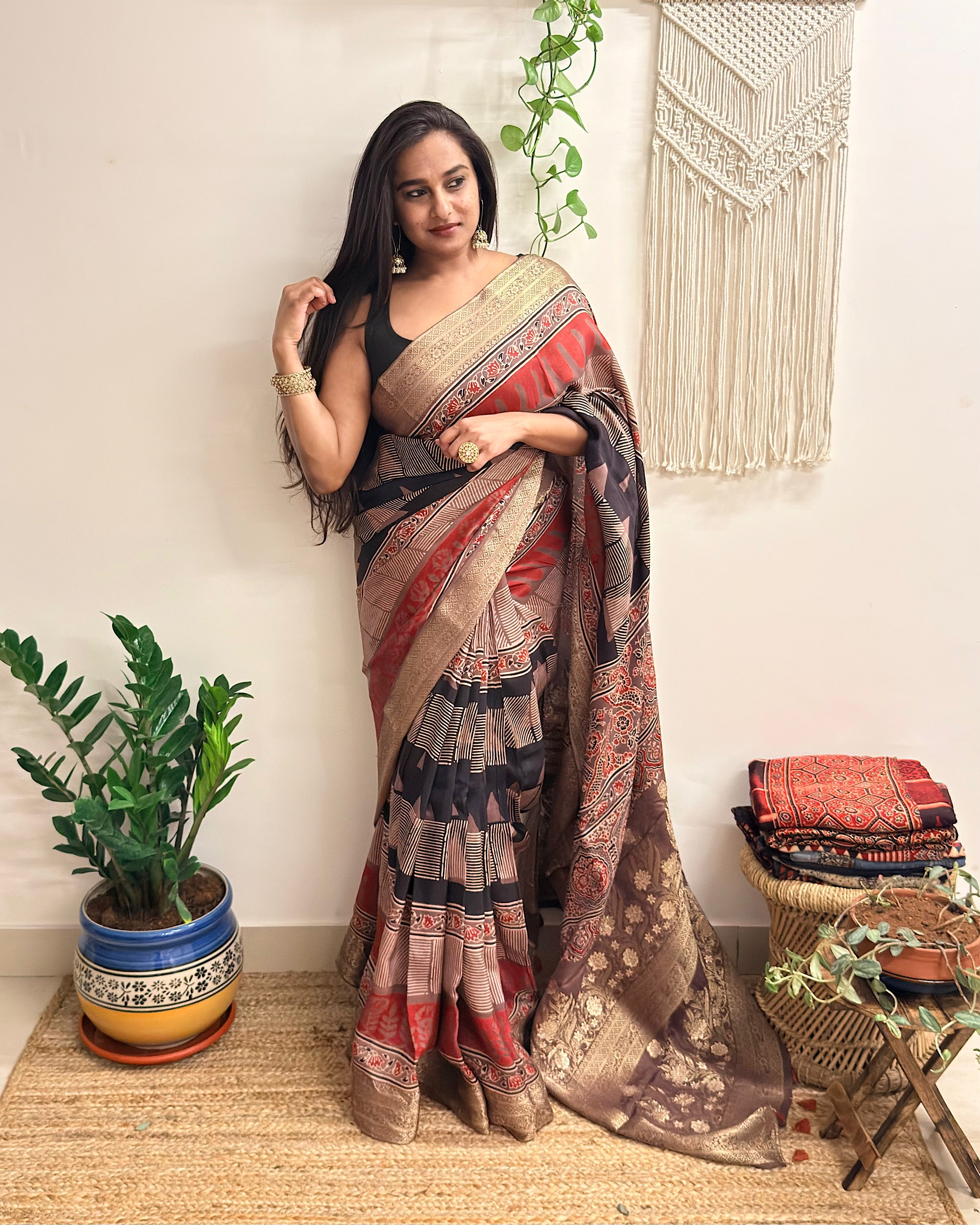Ganache: Red and Brown Ajrakh Handblock Printed Dola Silk Saree
