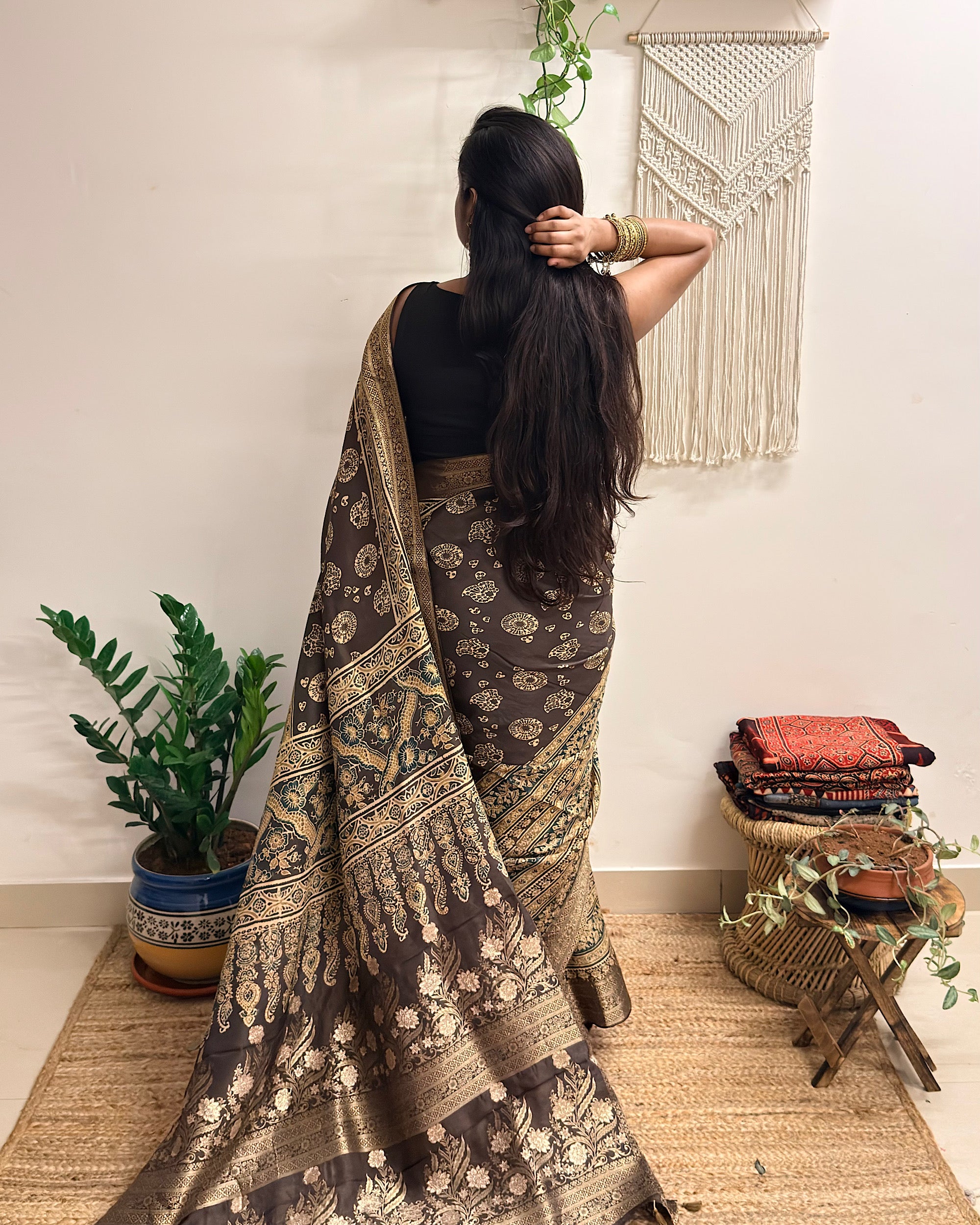 Jashn: Olive Grey Ajrakh Handblock Printed Dola Silk Saree