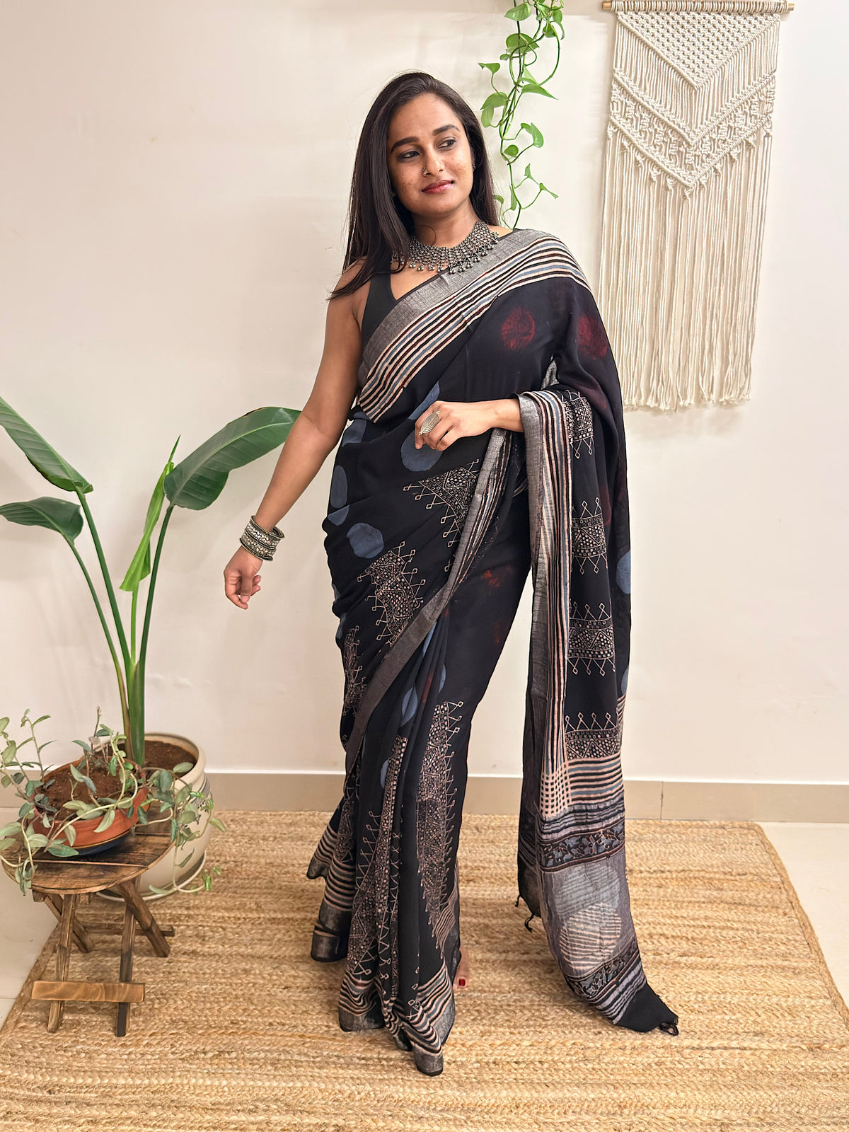 Silver Echo: Charcoal Black Ajrakh Handblock Printed Slub Cotton Saree