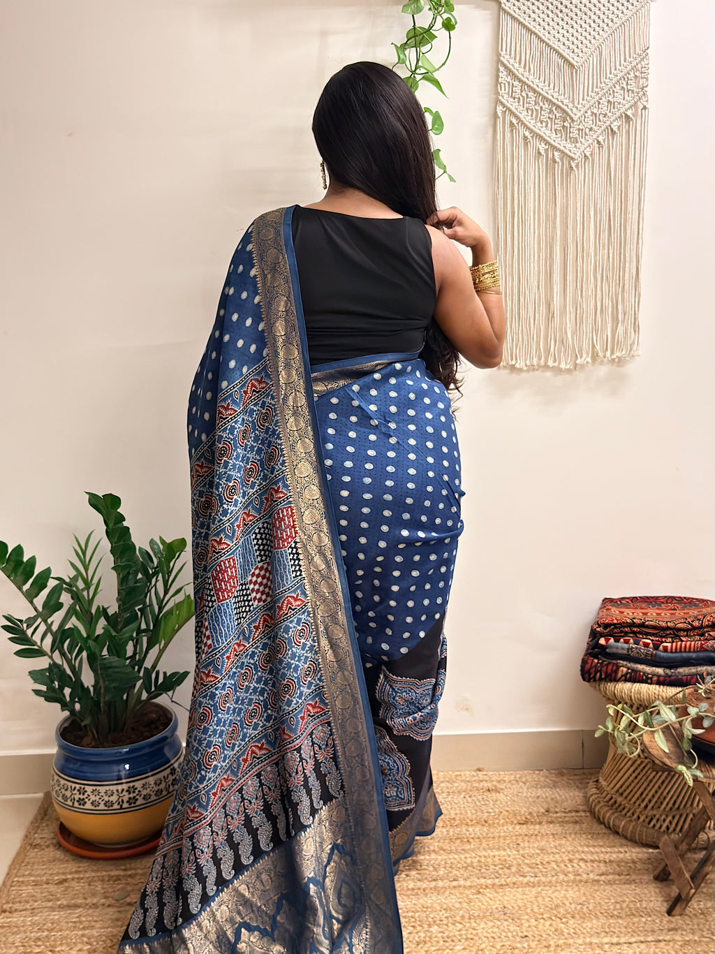 Aasman: Indigo and Black Ajrakh Handblock Printed Dola Silk Saree