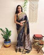 Wildflower: Charcoal Black Ajrakh Handblock Printed Dola Silk Saree
